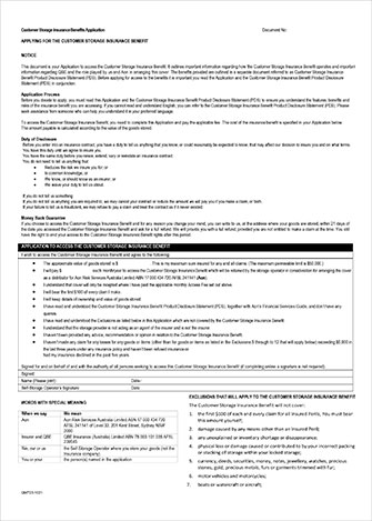 Application (qm723 1021 Aon Self Storage) Customer Storage Insurance Benefits Part B (print)